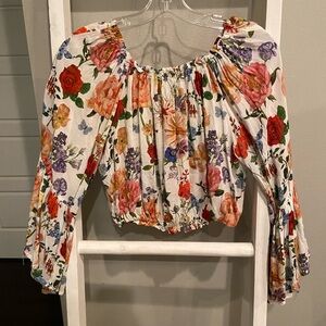 Gorgeous Olivaceous Off-Shoulder Peasant Top - White with Multicolor Blooms